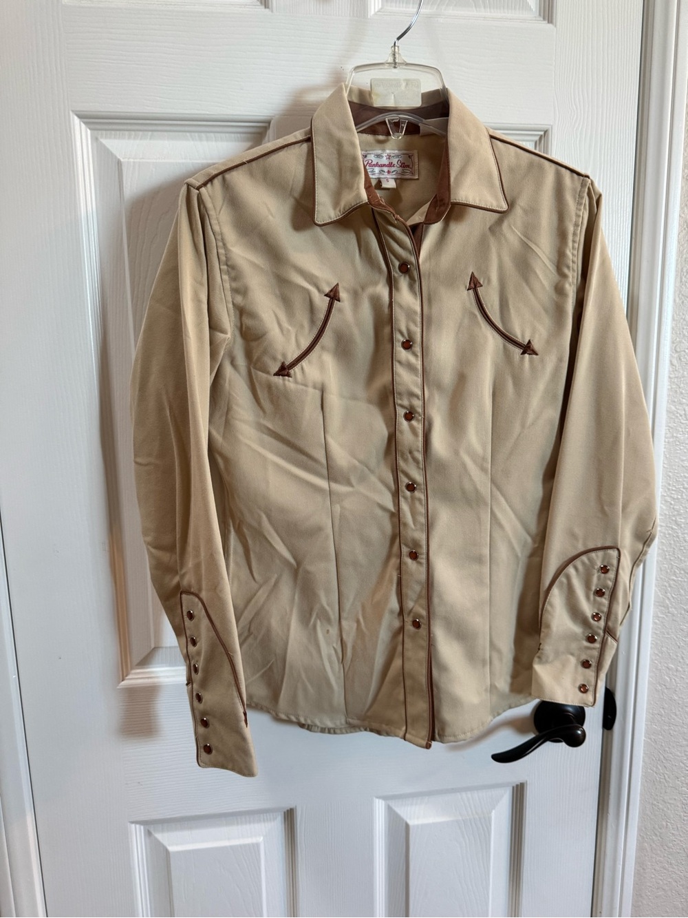 Panhandle Slim Tan Shirt with Brown Trim and Pearl snap